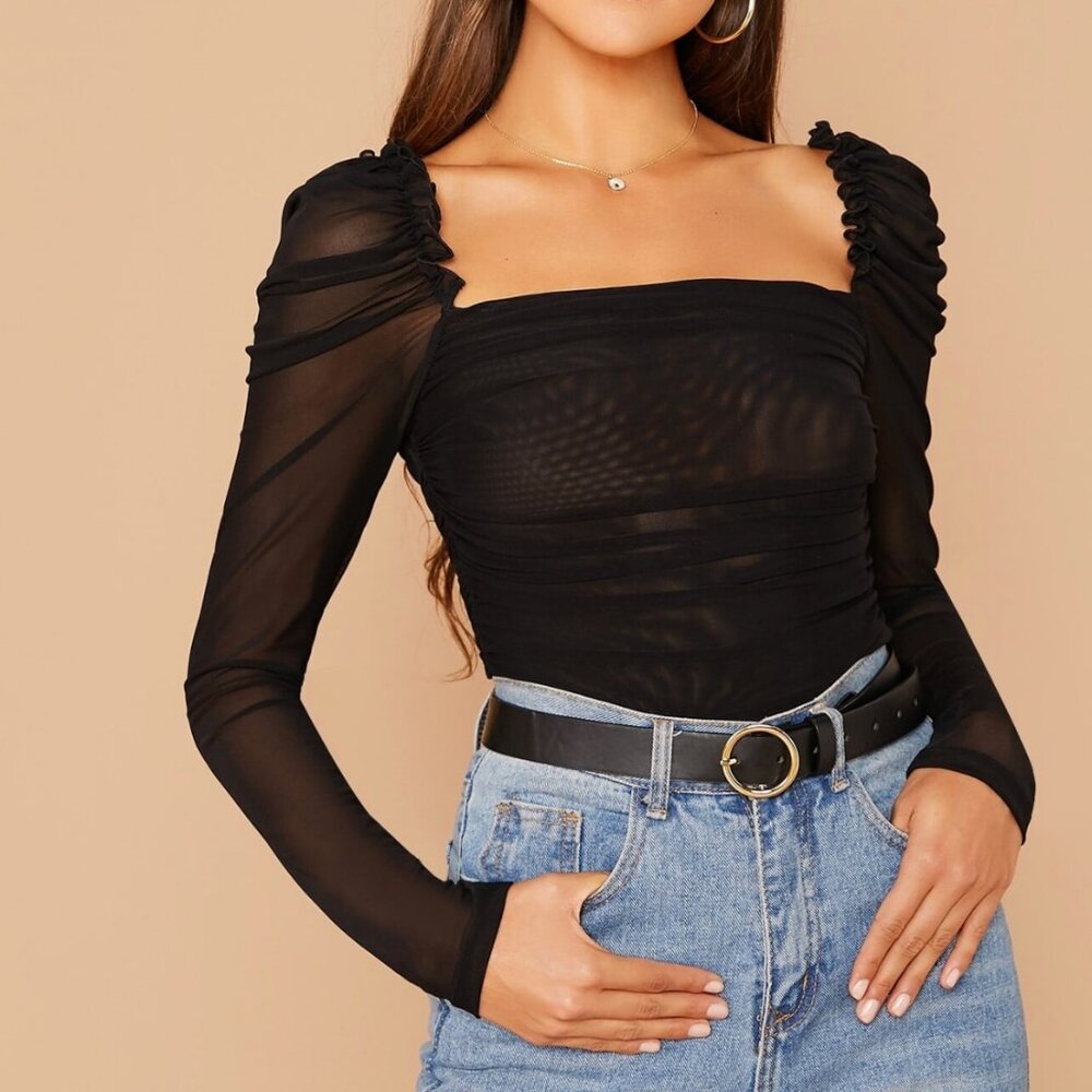 Black Sheer Ruched Long Sleeve Top